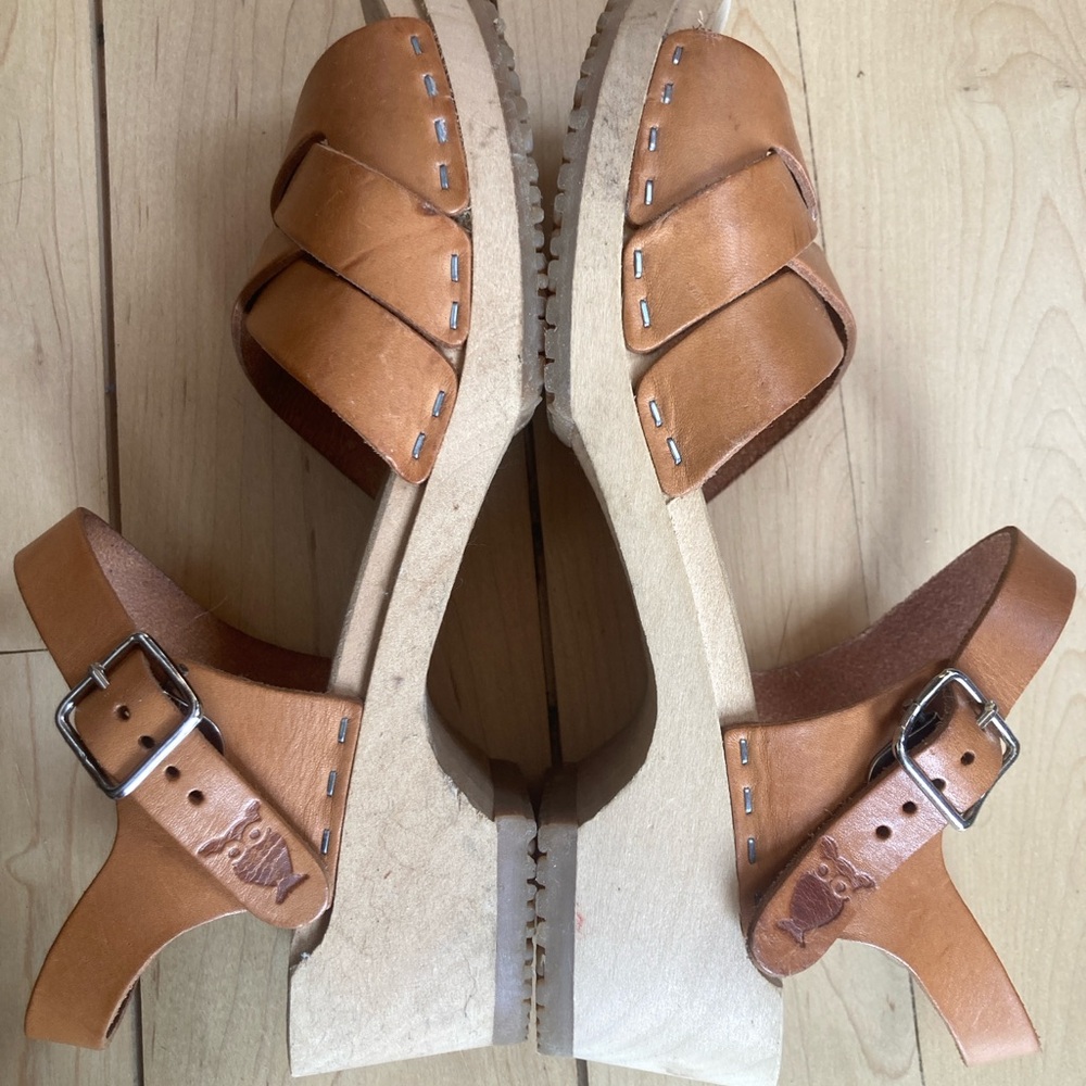 Sandgren women’s Rio Grande low Tan Leather Buckle Wedge Clog Sandals